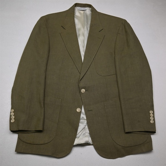 Vtg USA Made 41R Green Tan 100% Linen Mens Blazer Suit Jacket Sport Coat
